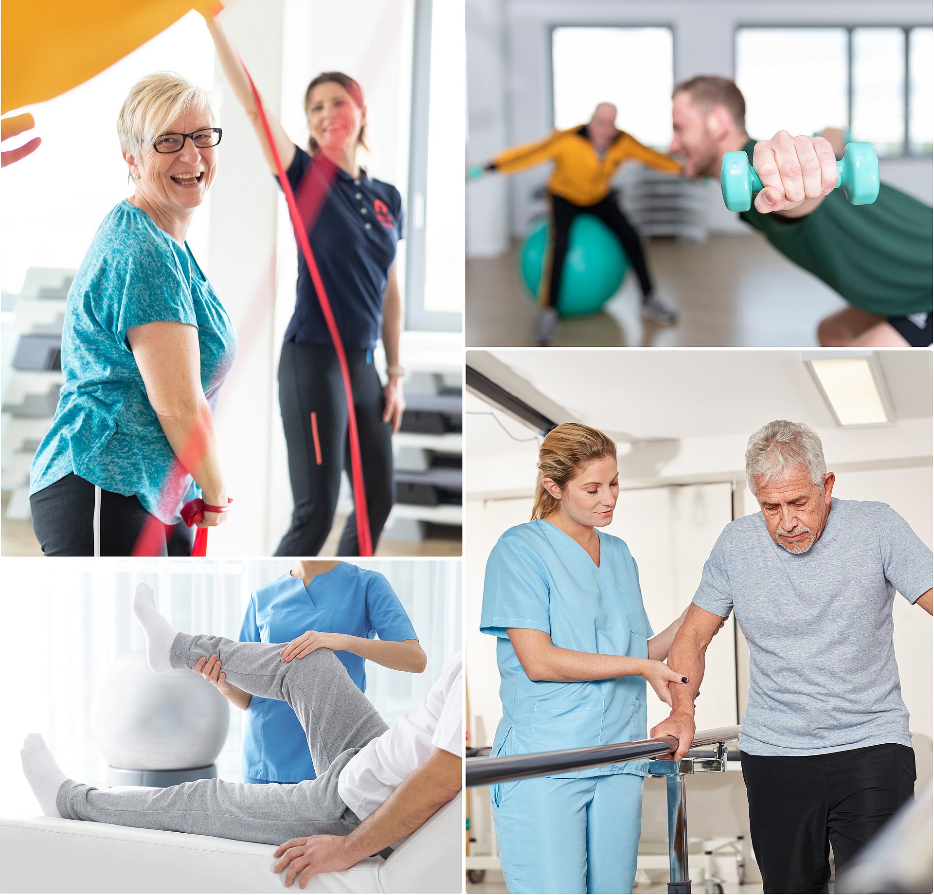 Collage verschiedener physiotherapeutischer Übungen im AKH Ambulant Celle – individuelle Betreuung, Training und Rehabilitation für Patientinnen und Patienten.